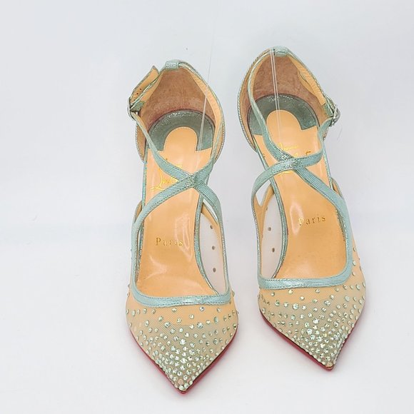 Christian Louboutin Pumps Strass Twistissima 85 Teal Blue Crystal Mesh Heels 38 - Picture 4 of 8